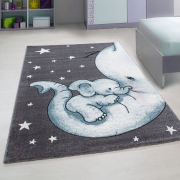 Kids Éléphant tapis chambre d'enfant poils ras rectangle 80x150cm bleu