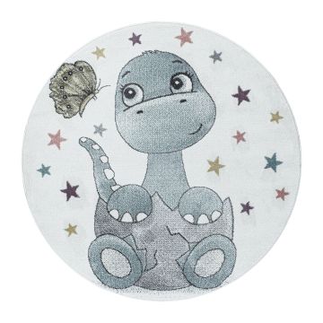 Funny Dino tapis chambre d'enfant poils ras rond Ø 160cm bleu