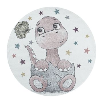 Funny Dino tapis chambre d'enfant poils ras rond Ø 160cm roses