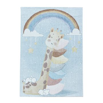 Lucky Girafe tapis chambre d'enfant poils ras rectangle 140x200cm bleu
