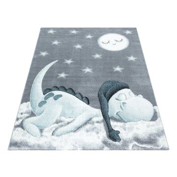 Bambi Dinosaure Endormi tapis chambre d'enfant poils ras rectangle 160x230cm bleu 