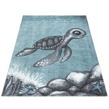 Bambi Tortue tapis chambre d'enfant poils ras rectangle 80x150cm bleu