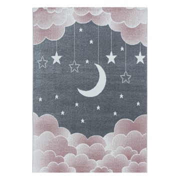 Funny Lune et Étoile tapis chambre d'enfant poils ras rectangle 160x230cm roses