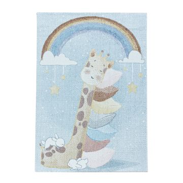 Lucky Girafe tapis chambre d'enfant poils ras rectangle 140x200cm bleu