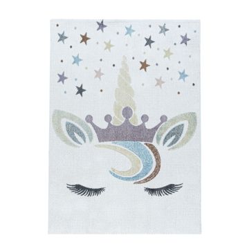 Lucky Licorne tapis chambre d'enfant poils ras rectangle 80x150cm blanc