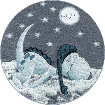 Bambi Dinosaure Endormi tapis chambre d'enfant poils ras rond Ø 120cm bleu 