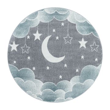 Funny Lune et Étoile tapis chambre d'enfant poils ras rond Ø 120cm bleu