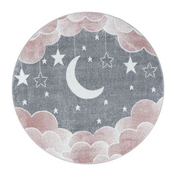 Funny Lune et Étoile tapis chambre d'enfant poils ras rond Ø 120cm roses