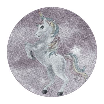 Funny Licorne tapis chambre d'enfant poils ras rond Ø 120cm violet