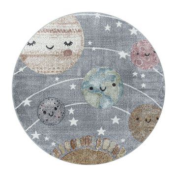 Funny Planète tapis chambre d'enfant poils ras rond Ø 120cm gris