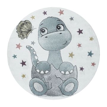 Funny Dino tapis chambre d'enfant poils ras rond Ø 120cm bleu