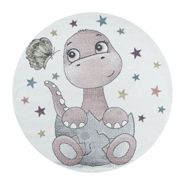 Funny Dino tapis chambre d'enfant poils ras rond Ø 120cm roses