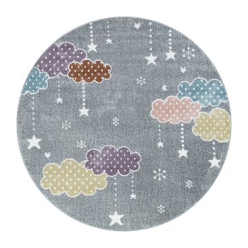 Lucky Nuages tapis chambre d'enfant poils ras rond Ø 160cm gris