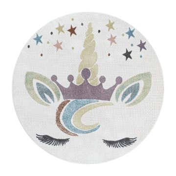 Lucky Licorne tapis chambre d'enfant poils ras rond Ø 120cm blanc