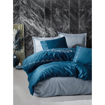 Brode Saten housse de couette 200x220cm brodé satin gloria bleu