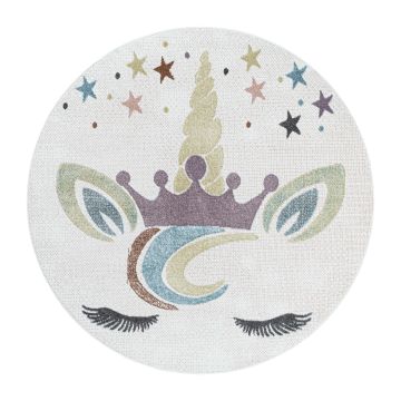Lucky Licorne tapis chambre d'enfant poils ras rond Ø 160cm blanc